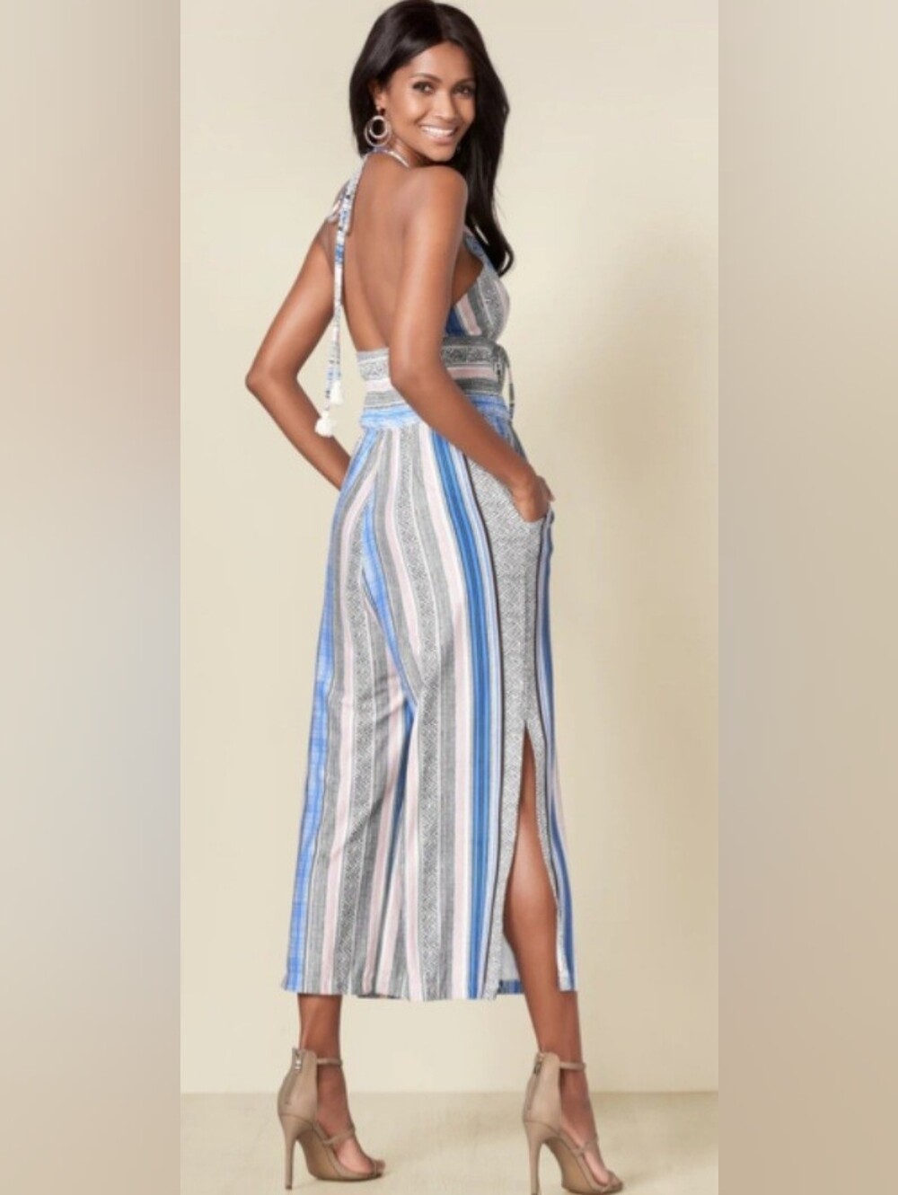 NWT VENUS Multi Pattern Blue Striped Halter Jumpsuit - Picture 4 of 7